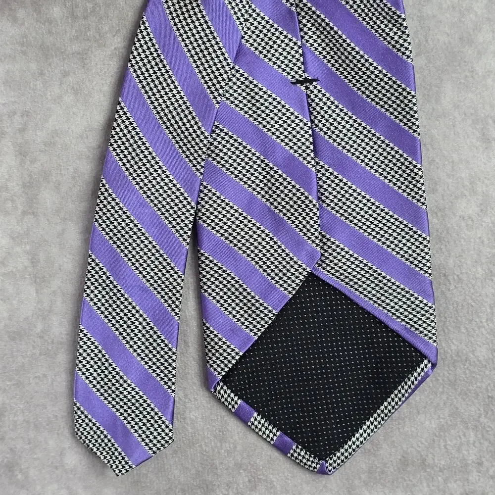 DKNY Purple Houndstooth Stripe Geometric‎ Executive Black White Neck Tie Men's